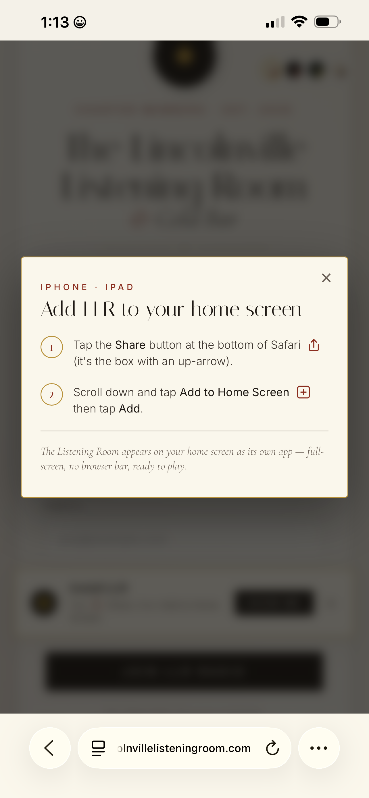 Instructional overlay showing the Share then Add to Home Screen flow