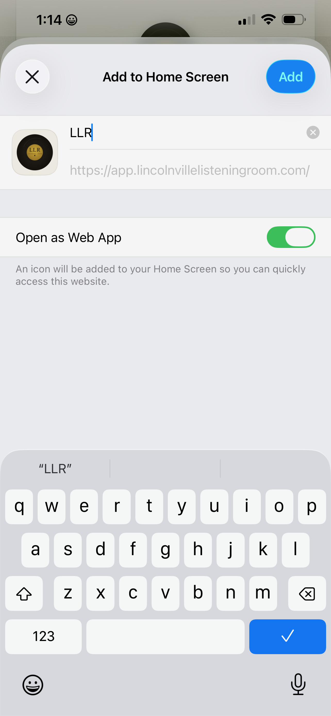 Native iOS Add to Home Screen dialog with the LLR icon and Add button